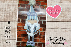 Winter Gnome Holding Ice Skates Ornament - ITH Project - Machine Embroidery Design