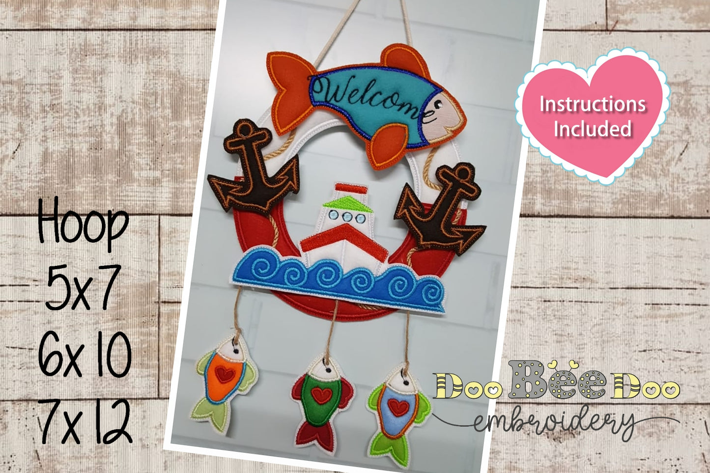 Nautical Boat and Fish Wreath - ITH Project - Machine Embroidery Design