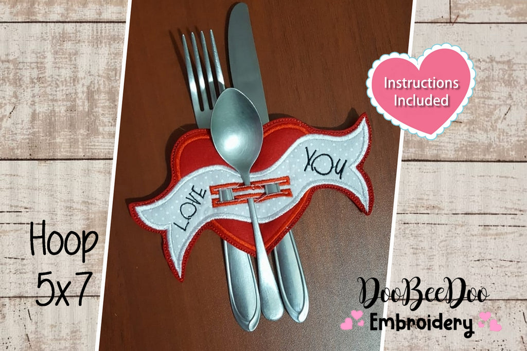Heart  Valentine's Cutlery Holder - ITH Project - Machine Embroidery Design