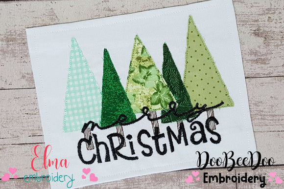 Merry Christmas Christmas Tree Cluster - Raggy Applique