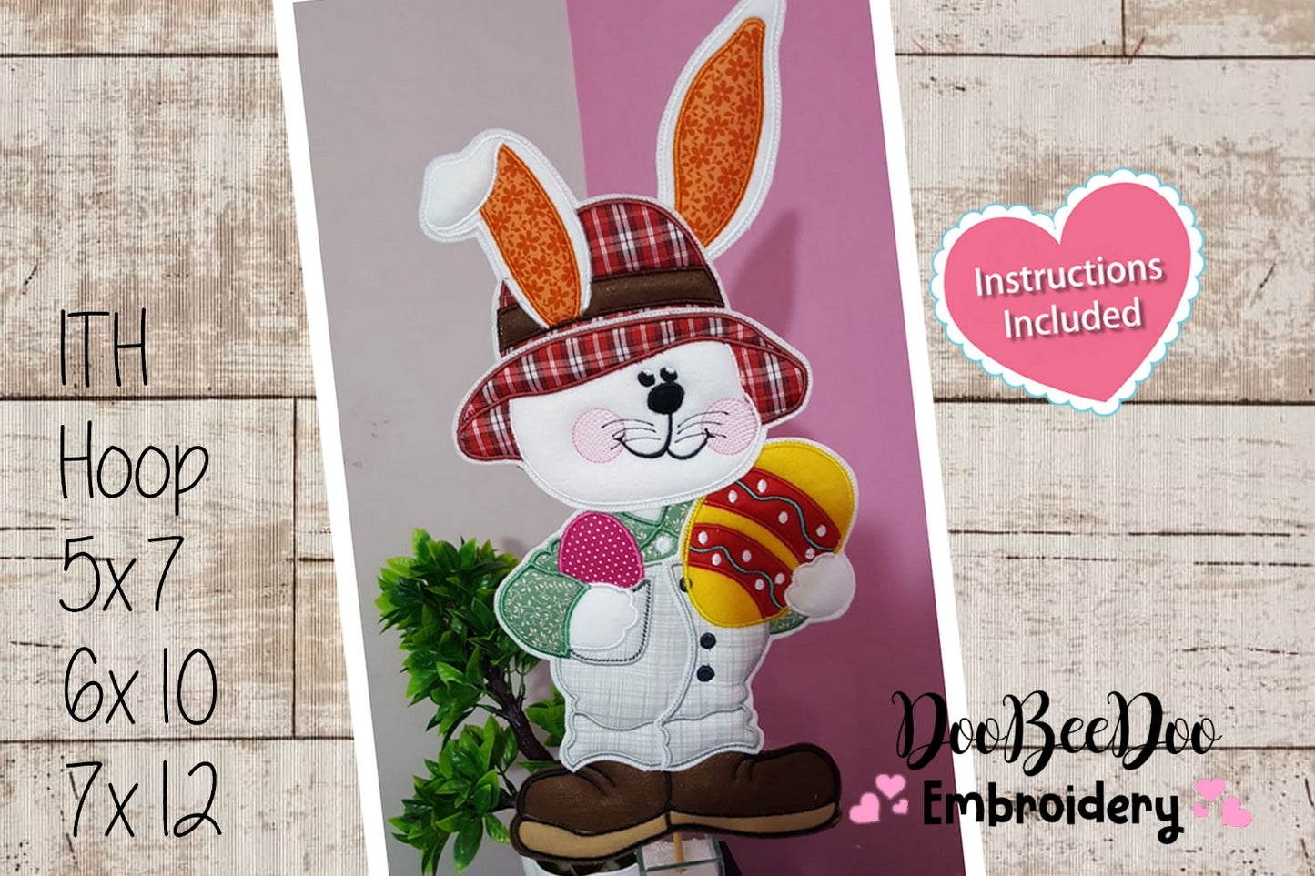 Easter Farmer Bunny Holding an Egg - Vase Ornament - ITH Project - Machine Embroidery Design