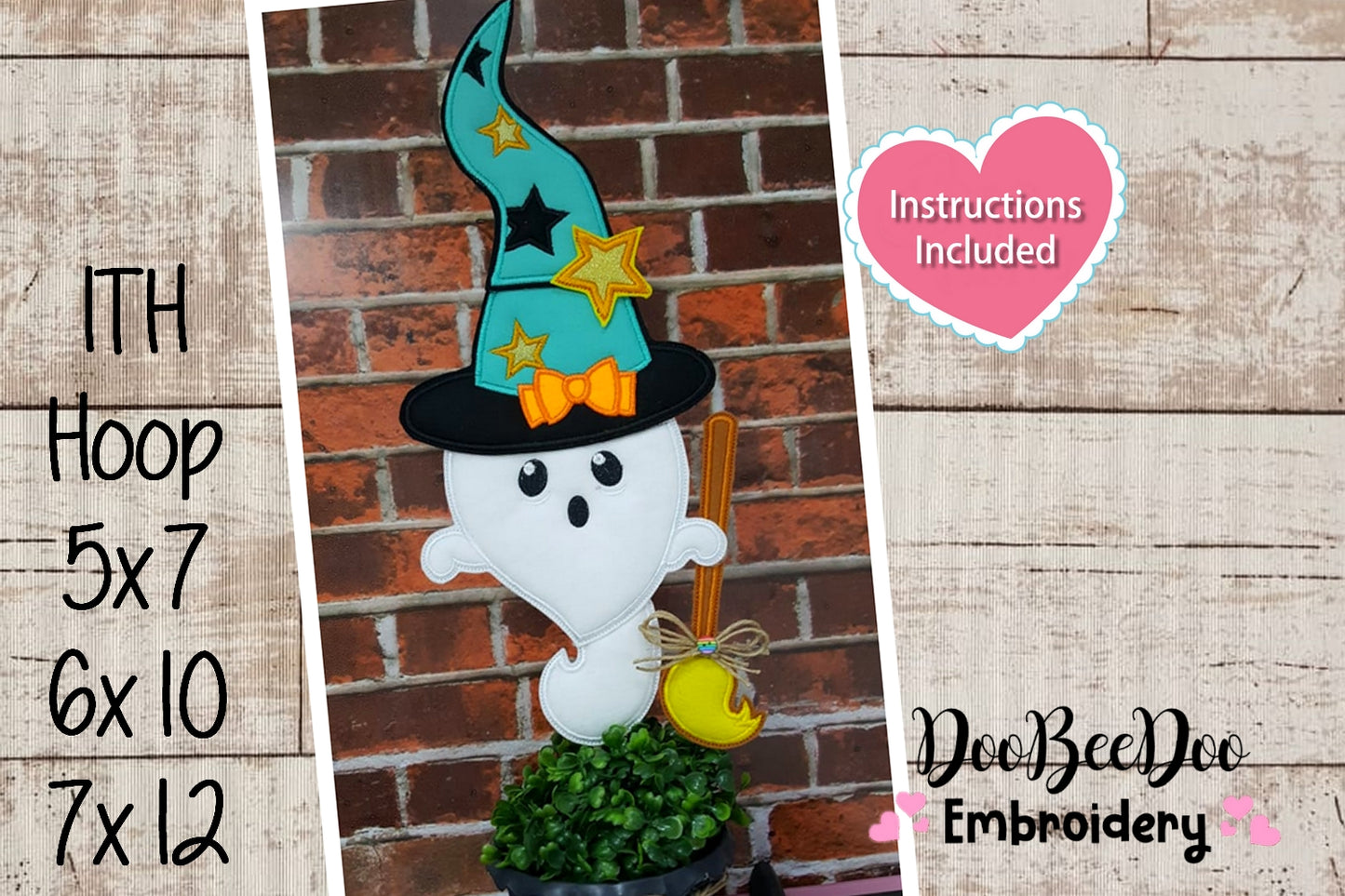 Little Ghost with Broom Ornament - ITH Project - Machine Embroidery Design