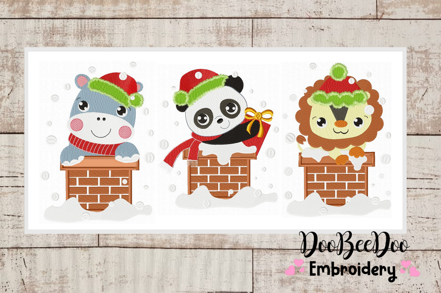 Christmas Animals in the chimney - Applique / Fill Stitch - 6 Sizes - Machine Embroidery Designs