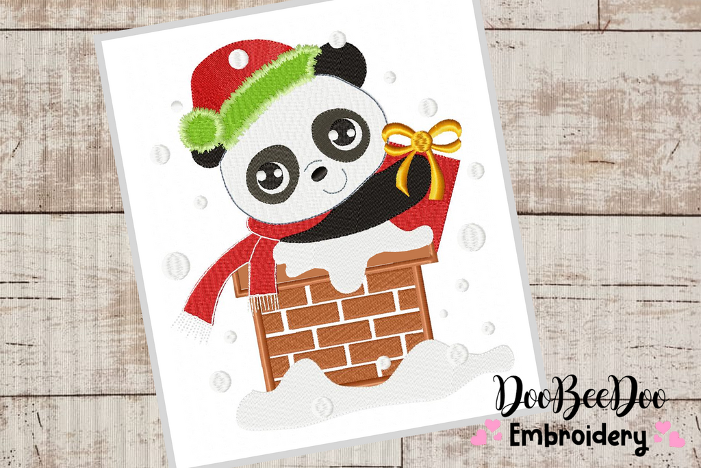 Christmas Panda in the chimney  - Applique / Fill Stitch - 6 Sizes - Machine Embroidery Designs