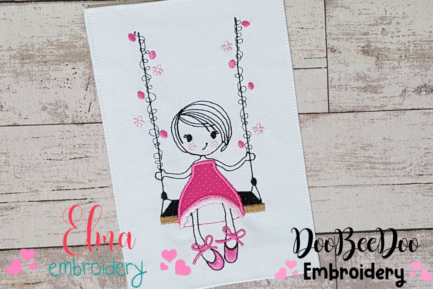 Swirly Girl on Garden Swing - Applique - Machine Embroidery Design