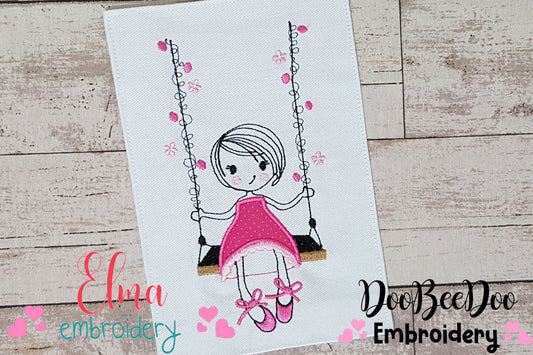 Swirly Girl on Garden Swing - Applique - Machine Embroidery Design
