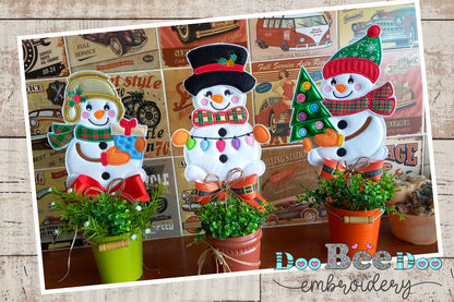 Set of 3 Snowman Ornaments - ITH Project - Machine Embroidery Design
