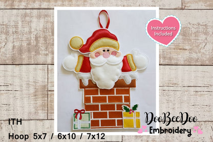 Santa Claus in the Chimney Door Ornament - ITH Project - Machine Embroidery Design