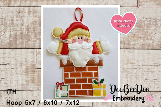 Santa Claus in the Chimney Door Ornament - ITH Project - Machine Embroidery Design