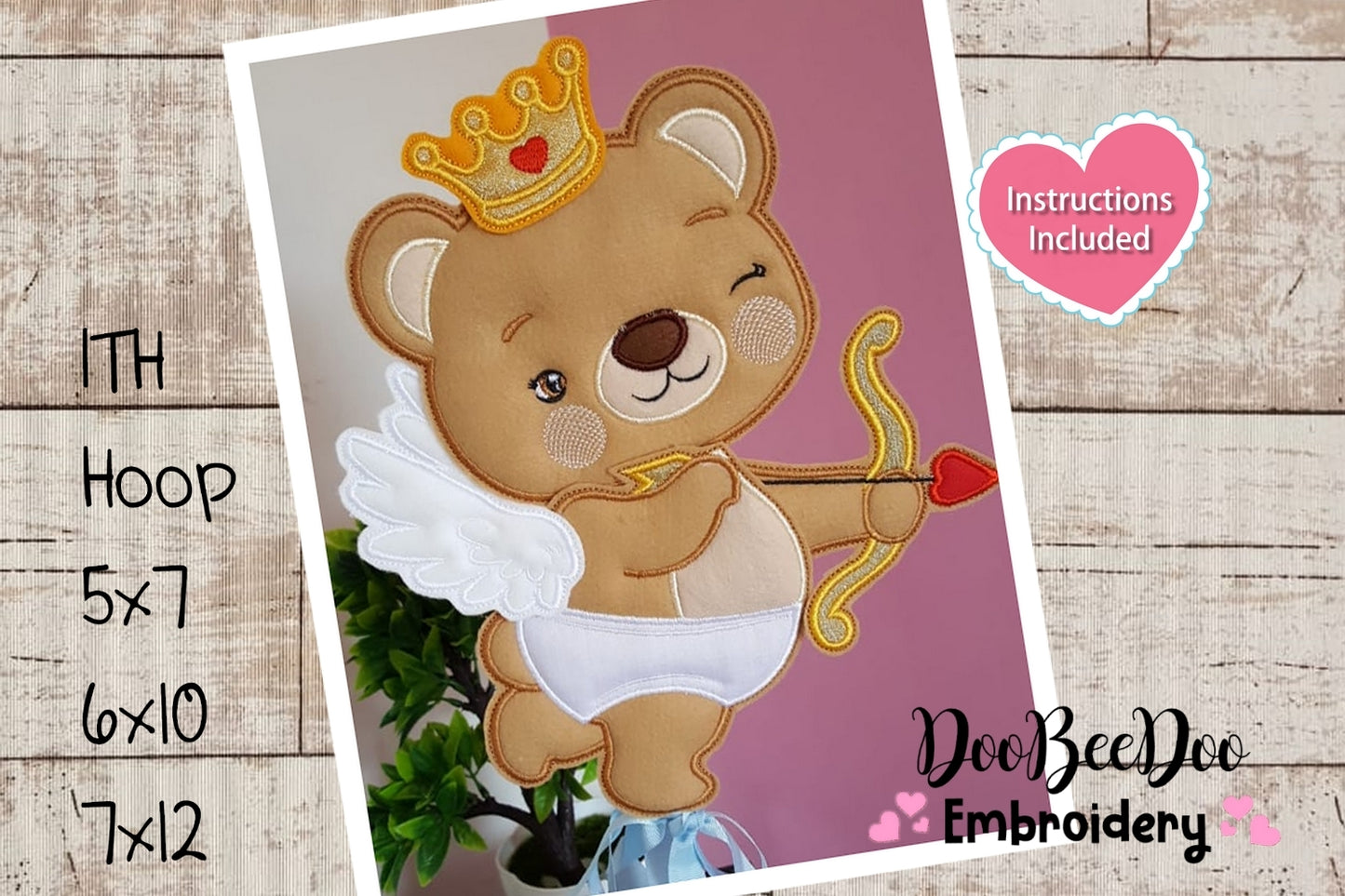 Cupid Teddy Bear with Wings Vase Ornament - ITH Project - Machine Embroidery Design