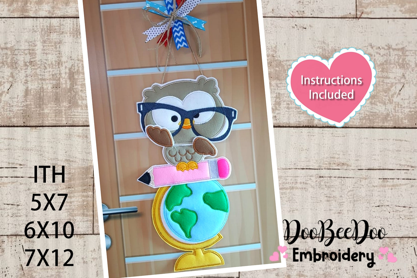 Owl Teacher School Ornament - ITH Project - Machine Embroidery Design