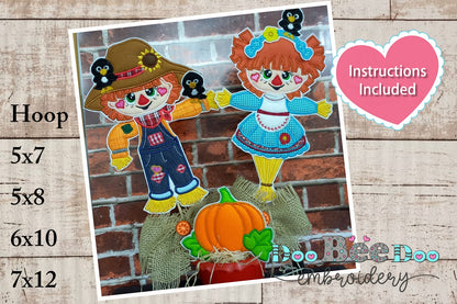 Cute Couple of Scarecrows Vase Ornament - ITH Project - Machine Embroidery Design