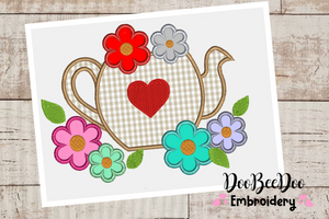 Teapot With Flowers  - Applique - 6 Sizes -  Machine Embroidery Design