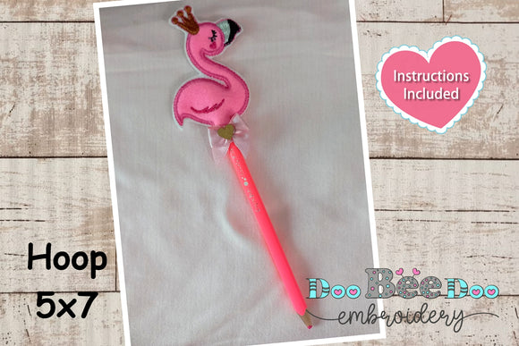 Pencil Topper Flamingo  - ITH Applique - Hoop - Machine Embroidery Design