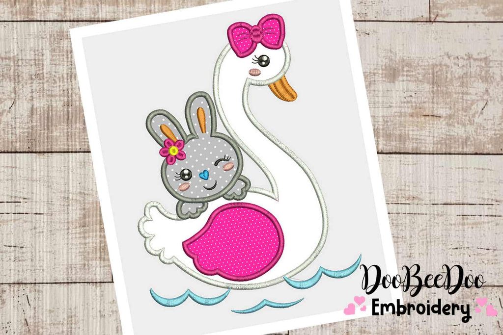 Swan with cute bunny - Applique