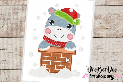 Christmas Hippo in the chimney - Applique / Fill Stitch - 6 Sizes - Machine Embroidery Designs