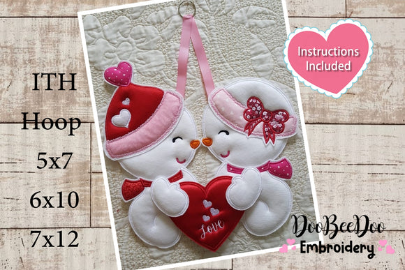 Valentines Snowman Couple Door Ornament - ITH Project - Machine Embroidery Design