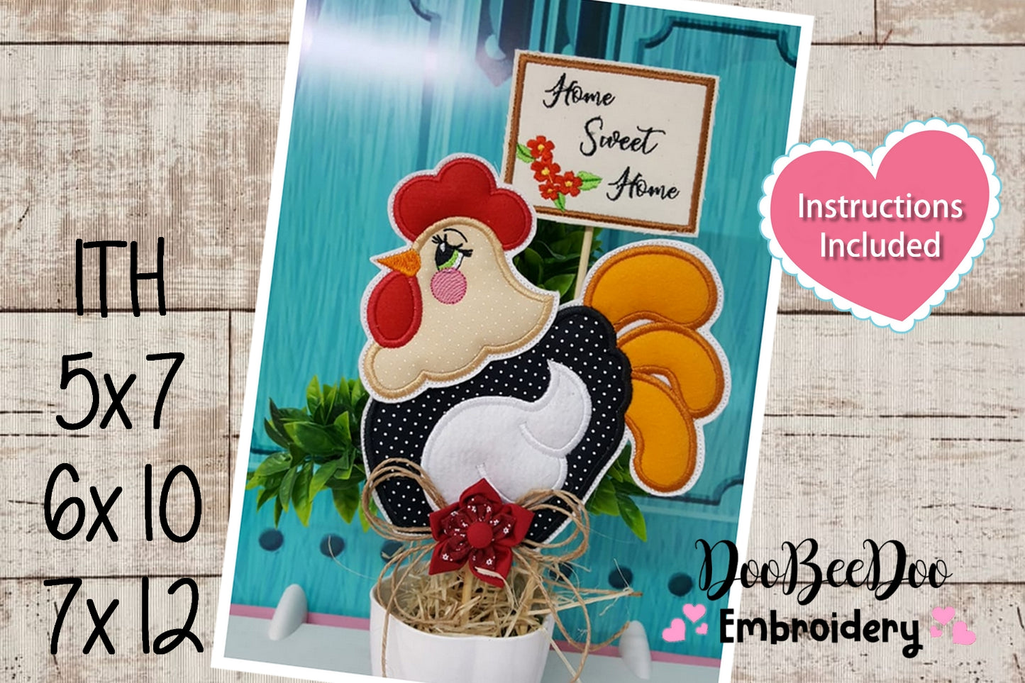 Chicken Home Sweet Home Vase Ornament - ITH Project - Machine Embroidery Design