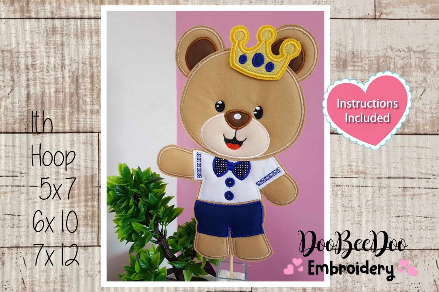 Prince Teddy Bear Vase Ornament - ITH Project - Machine Embroidery Design