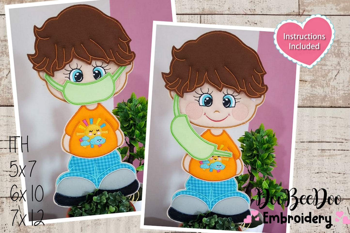 Boy With Face Mask Ornament - ITH Project - Machine Embroidery Design