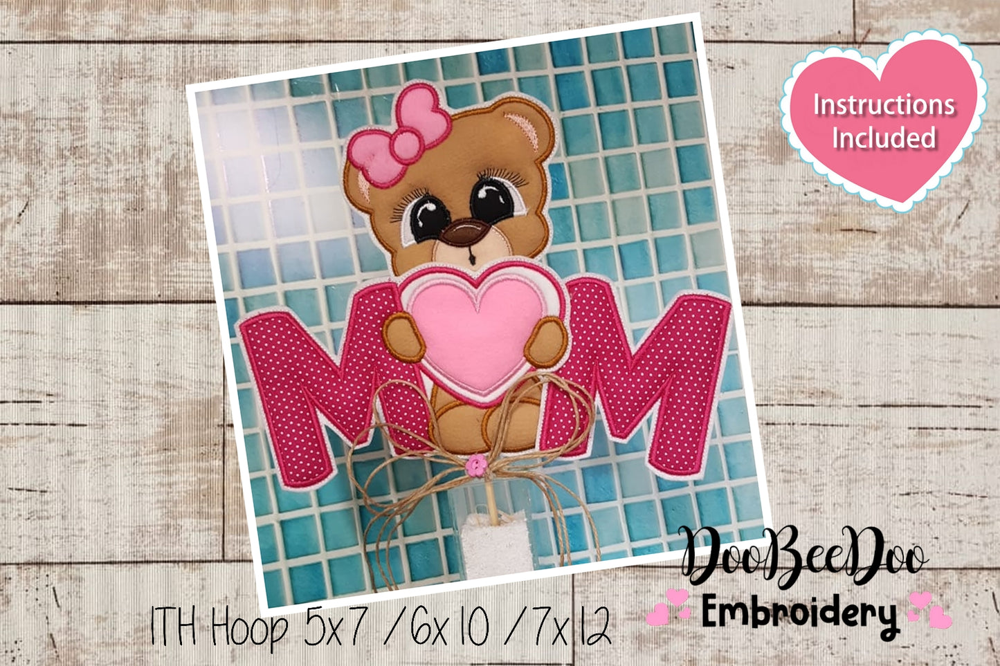 Mom Teddy Bear Girl Vase Ornament - ITH Project - Machine Embroidery Design