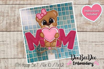 Mom Teddy Bear Girl Vase Ornament - ITH Project - Machine Embroidery Design