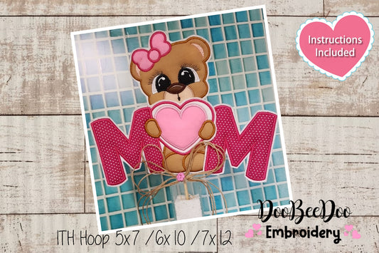 Mom Teddy Bear Girl Vase Ornament - ITH Project - Machine Embroidery Design