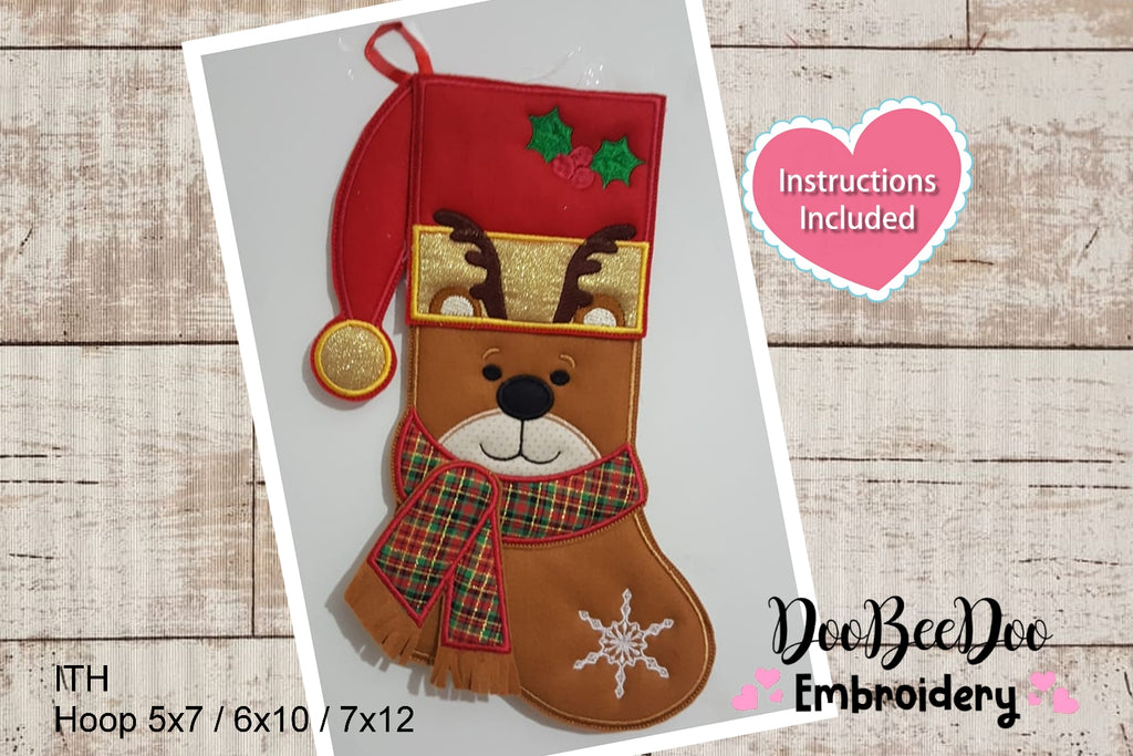 Christmas Bear Reindeer Door Ornament - ITH Project - Machine Embroidery Design