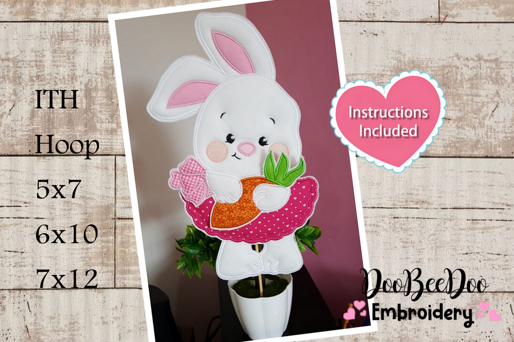 Easter Bunny Girl with Carrot Vase Ornament - ITH Project - Machine Embroidery Design