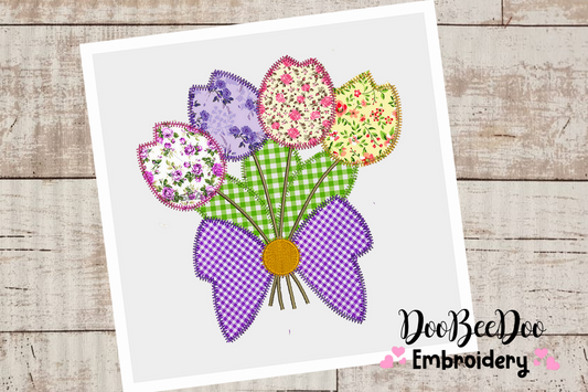 Four Tulips Bouquet - Applique Zig Zag - 6 Sizes - Machine Embroidery Designs