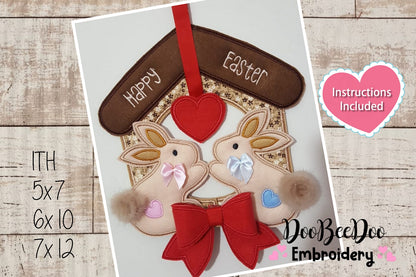 Happy Easter Bunnies in Love Door Ornament - ITH Project - Machine Embroidery Design