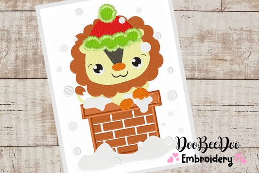 Christmas Lion in the chimney - Applique / Fill Stitch - 6 Sizes - Machine Embroidery Designs