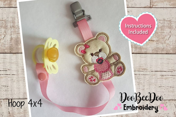 Teddy Bear Girl Cute Pacifier Holder - ITH Project - Machine Embroidery Design