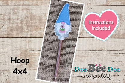 Gnome with Blue Hat Pencil Topper - ITH Project - Machine Embroidery Design