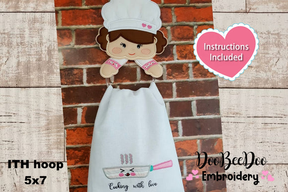 Chef Girl Dish Cloth Hanger - ITH Project - Machine Embroidery Design
