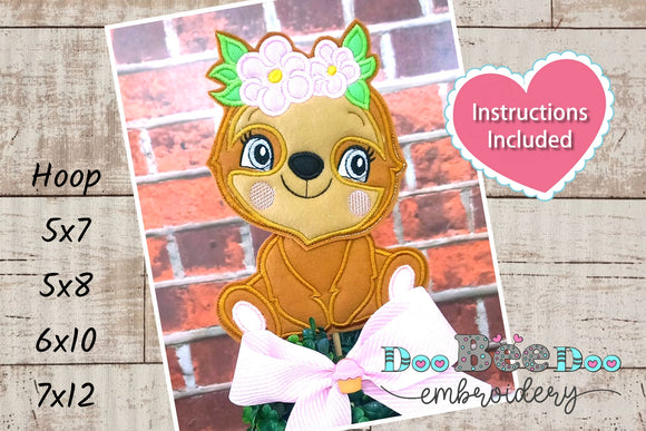 Sloth girl sitting with Flowers - ITH Applique