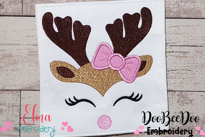 Christmas Rudolph Reindeer Girl with Bow - Fill Stitch