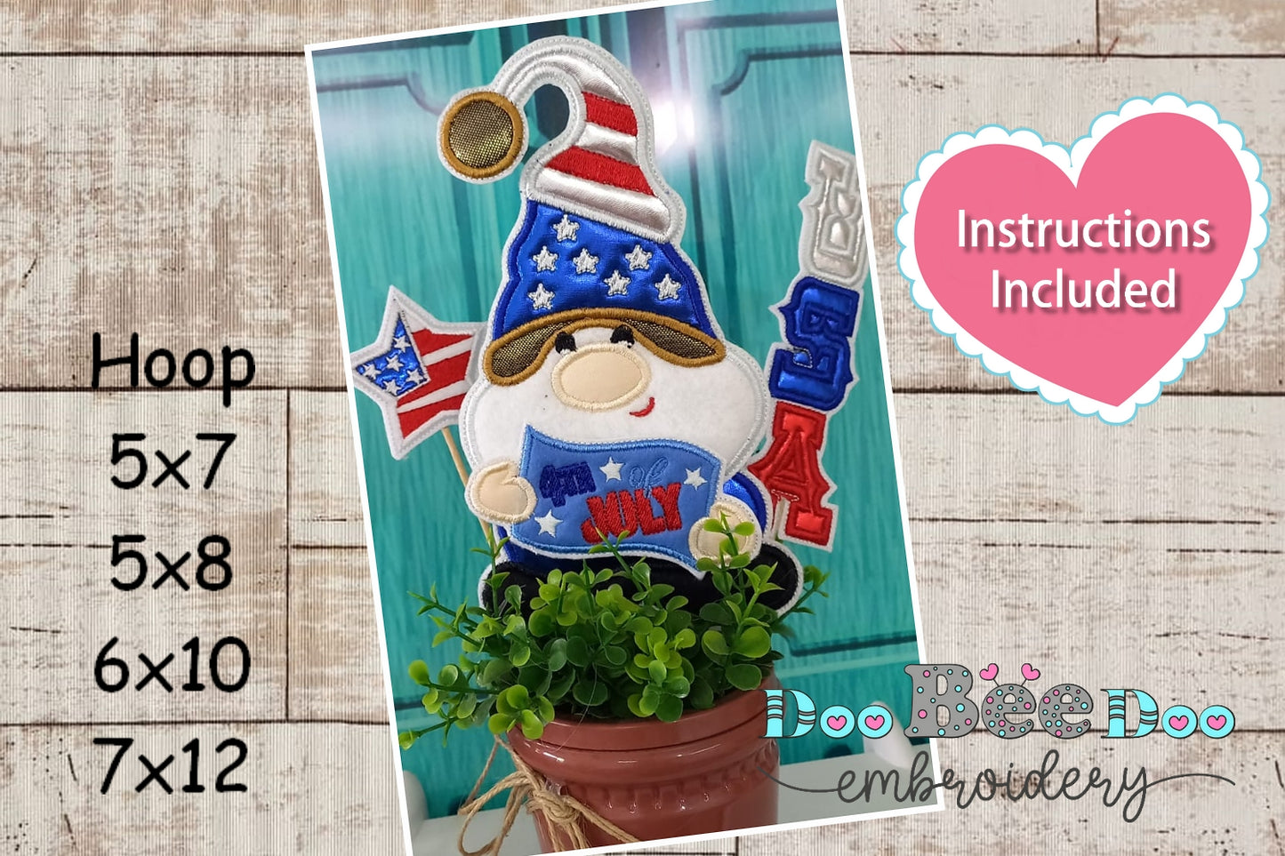 Gnome 4th of July for Vase - ITH Project - Machine Embroidery Design