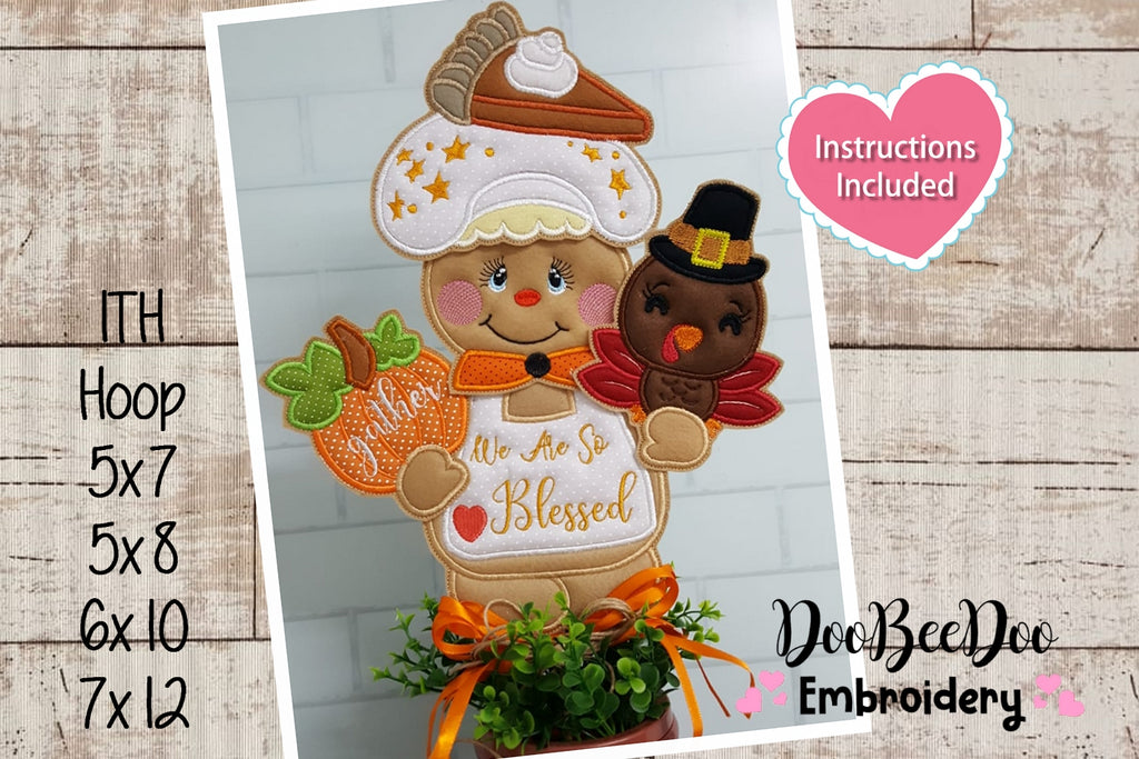 Thanksgiving Gingerbread We are so Blessed Ornament - ITH Project - Machine Embroidery Design