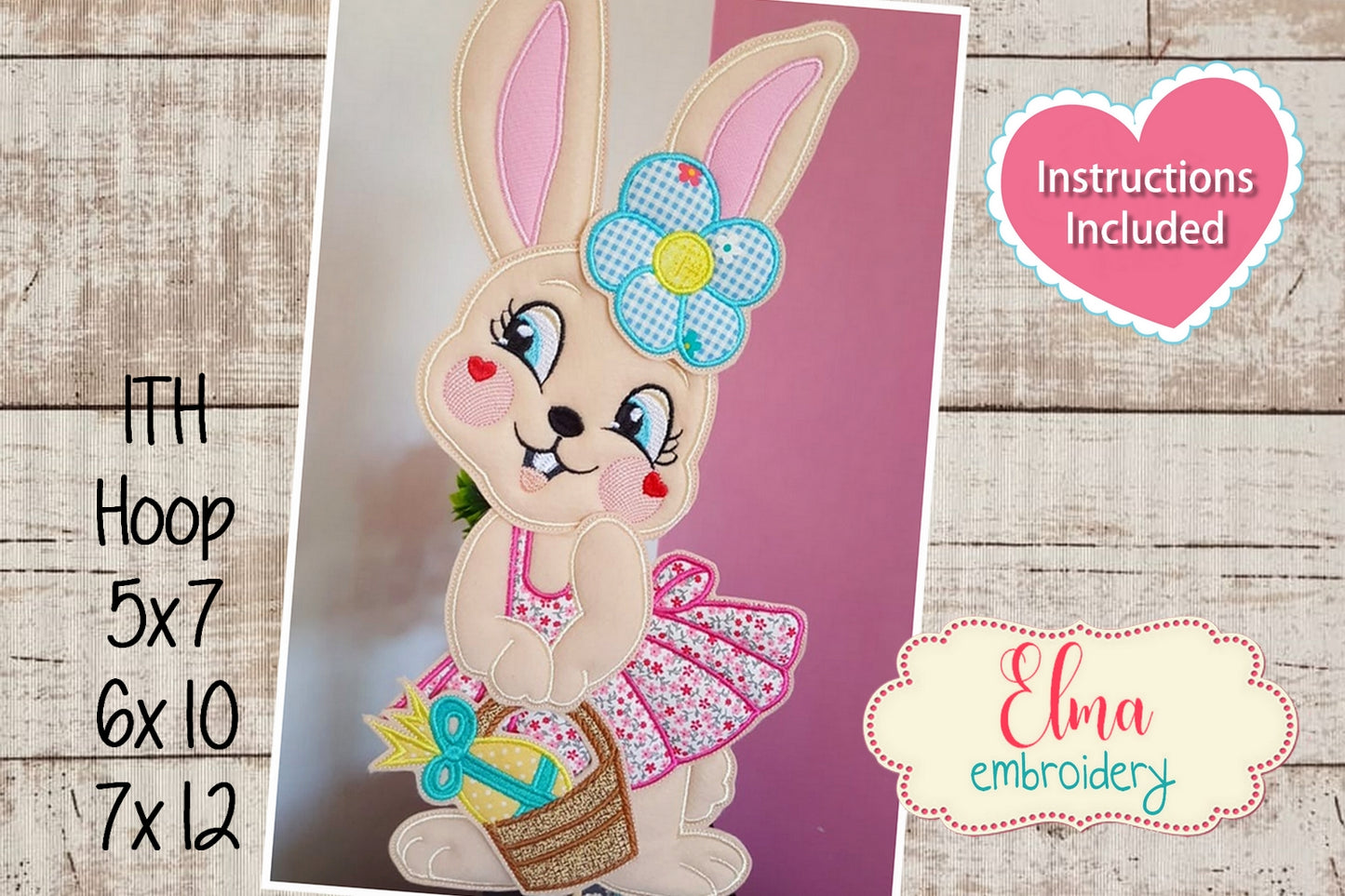 Bunny Girl with Eggs Basket Ornament - ITH Project - Machine Embroidery Design