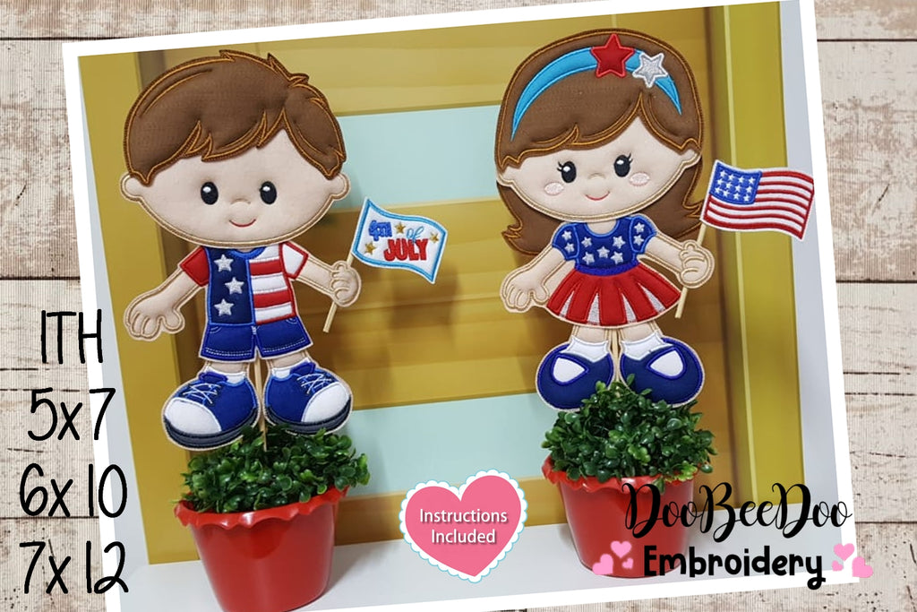 4th of July Boy and Girl  Ornament - Applique - Set os 2 designs