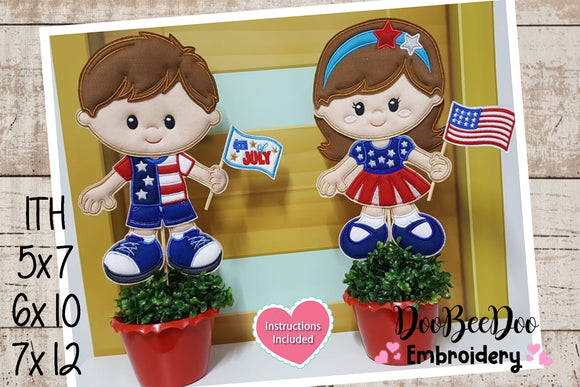 4th of July Boy and Girl  Ornament - ITH Project - Machine Embroidery Design
