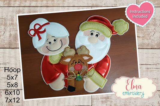 Mr. and Mrs. Claus Holding a Reindeer Ornament - ITH Project - Machine Embroidery Design