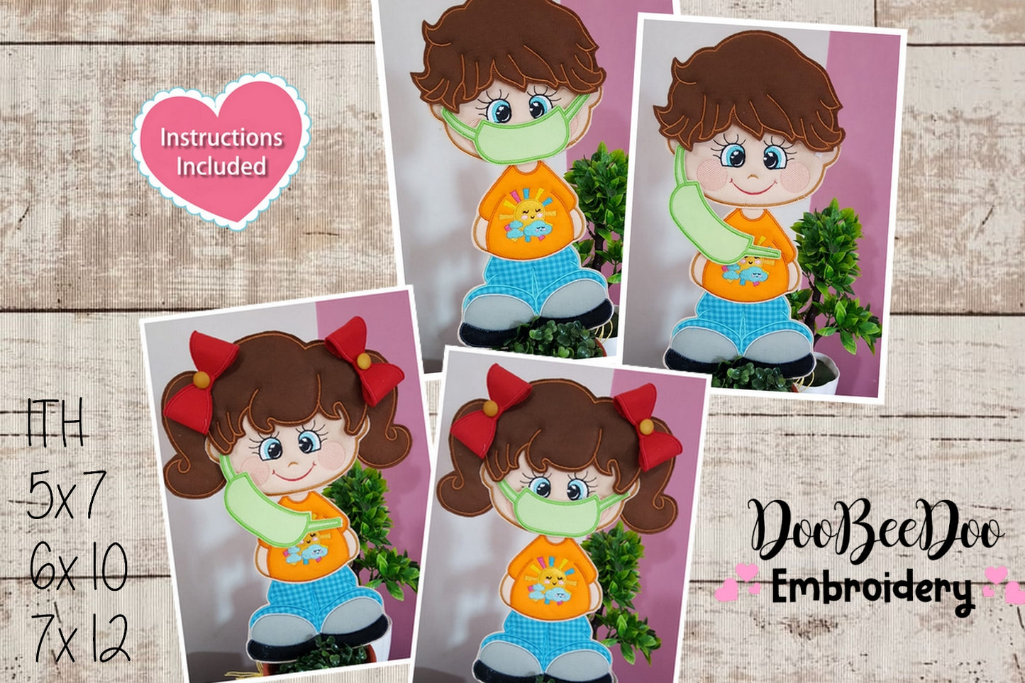 Boy and Girl with Face Mask Ornament - ITH Project - Machine Embroidery Design