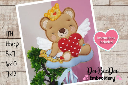Cupid Teddy Bear with Heart Vase Ornament - ITH Project - Machine Embroidery Design