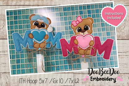 Mom Teddy Bear Boy and Girl Vase Ornament - ITH Project - Machine Embroidery Design