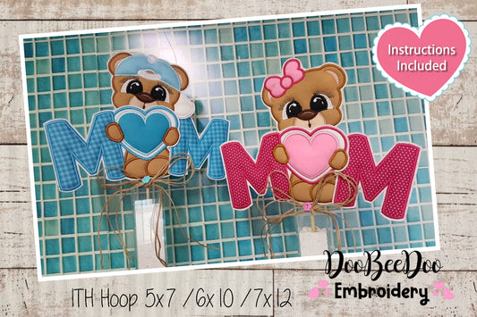 Mom Teddy Bear Boy and Girl Vase Ornament - ITH Project - Machine Embroidery Design