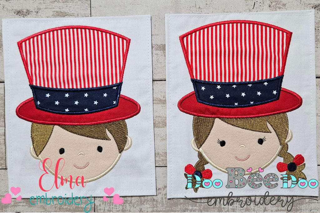 USA Patriotic American Boy and Girl Face - Applique - Set of 2 designs