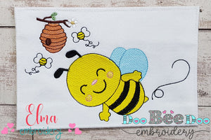 Happy Bumble Bee and Beehive - Fill Stitch - Machine Embroidery Design