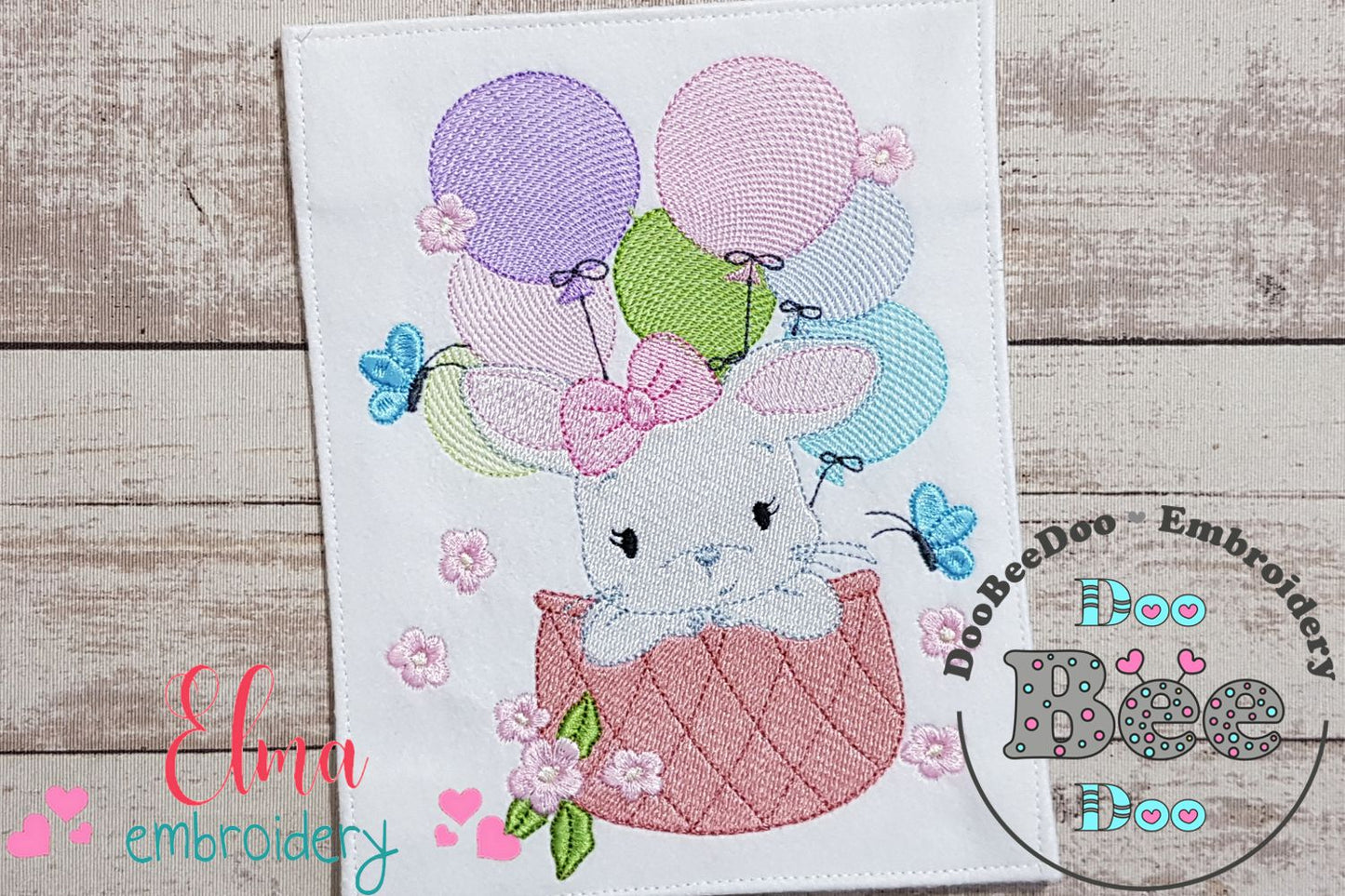 Bunny Girl Flying with Balloons - Fill Stitch Machine Embroidery Design